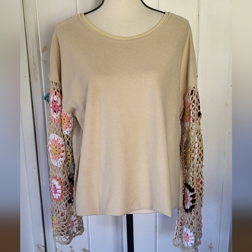 Umgee French Terry Crocheted Longsleeve Top